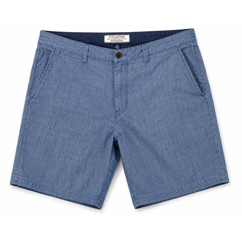 Flag & Anthem Chambray Shorts Mens 34 Blue Cotton Casual Summer Beach Chino 34